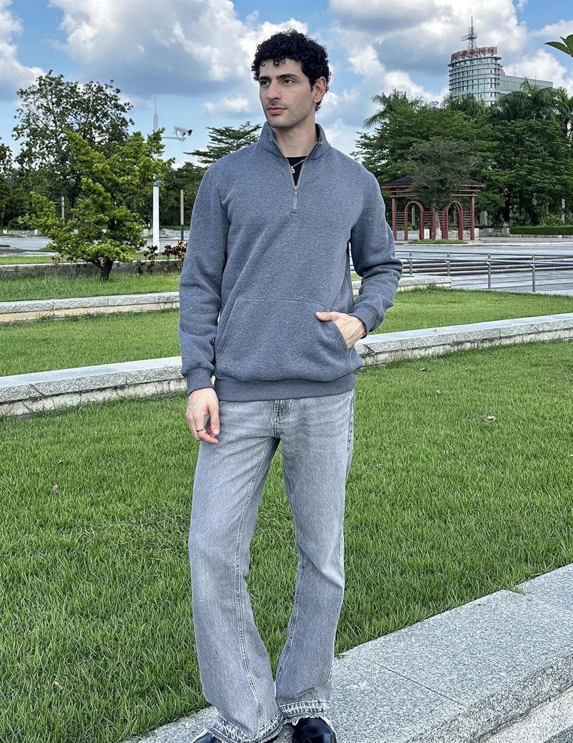 imageCOOFANDY Mens Quarter Zip Pullover Fleece Lined Sweatshirts Long Sleeve Mock Neck Sweater with PocketGrey