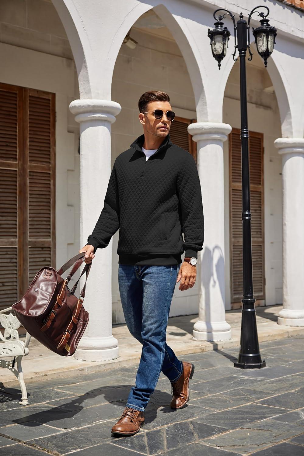 imageCOOFANDY Mens Quarter Zip Pullover Quilted Sweatshirt Knit Long Sleeve Mock Neck Sweater Polo with PocketAblack