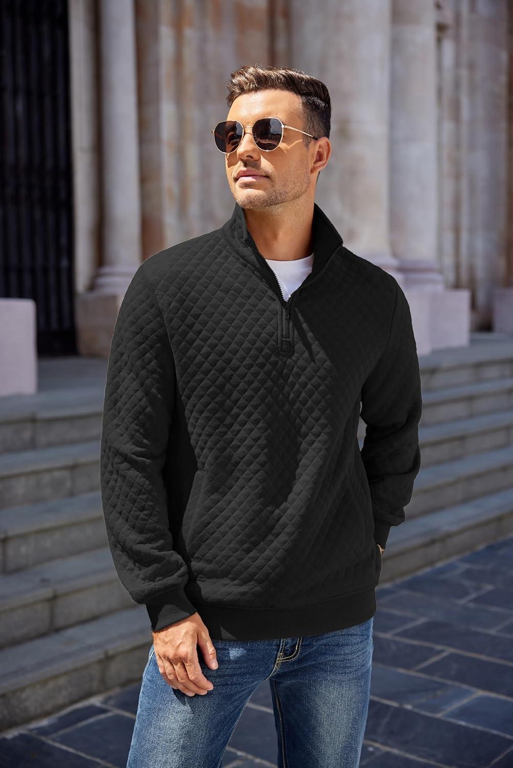 imageCOOFANDY Mens Quarter Zip Pullover Quilted Sweatshirt Knit Long Sleeve Mock Neck Sweater Polo with PocketAblack