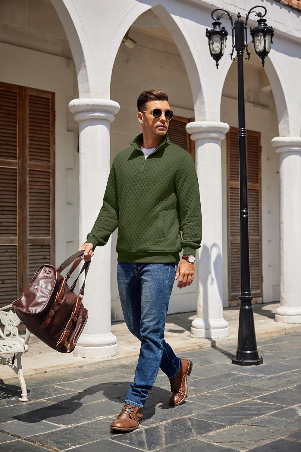 imageCOOFANDY Mens Quarter Zip Pullover Quilted Sweatshirt Knit Long Sleeve Mock Neck Sweater Polo with PocketArmy Green