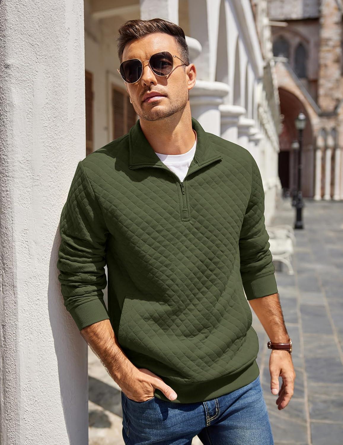 imageCOOFANDY Mens Quarter Zip Pullover Quilted Sweatshirt Knit Long Sleeve Mock Neck Sweater Polo with PocketArmy Green