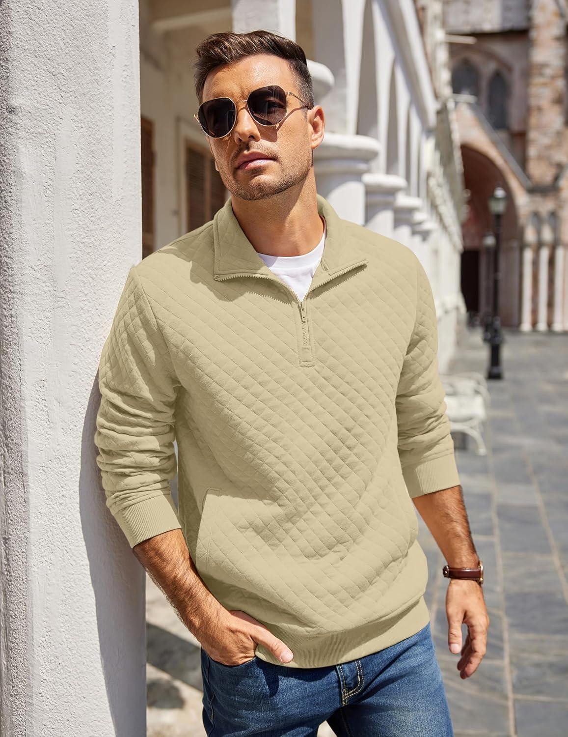 imageCOOFANDY Mens Quarter Zip Pullover Quilted Sweatshirt Knit Long Sleeve Mock Neck Sweater Polo with PocketLight Khaki
