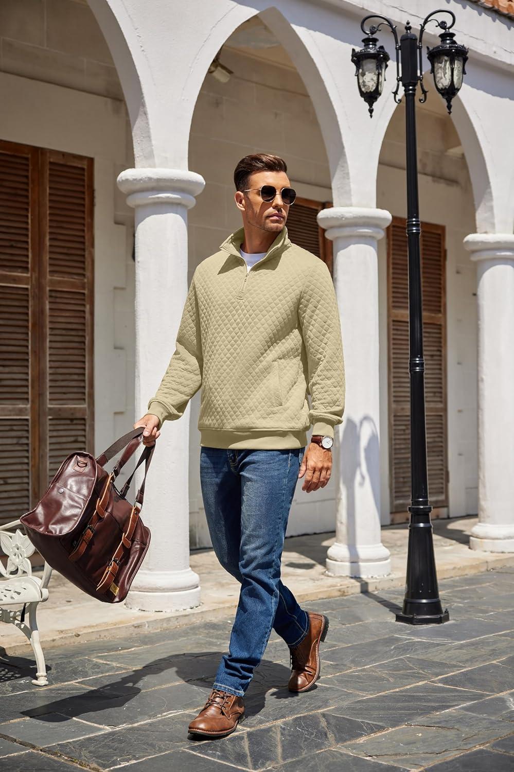 imageCOOFANDY Mens Quarter Zip Pullover Quilted Sweatshirt Knit Long Sleeve Mock Neck Sweater Polo with PocketLight Khaki