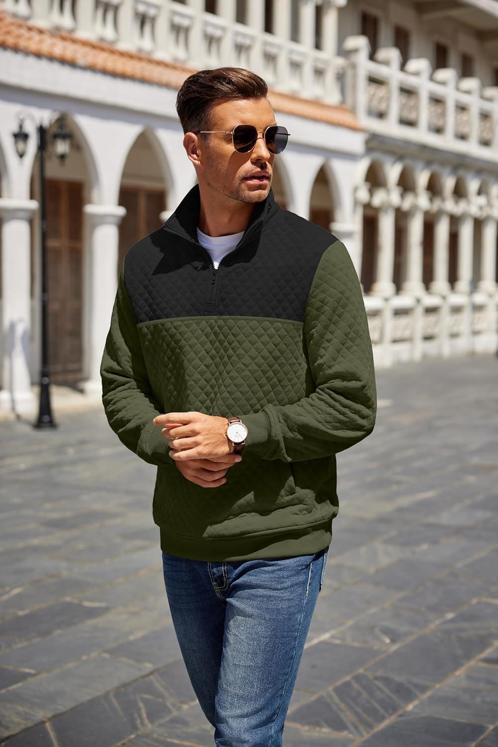 imageCOOFANDY Mens Quarter Zip Pullover Quilted Sweatshirt Knit Long Sleeve Mock Neck Sweater Polo with PocketZcolor Block Army GreenBlack
