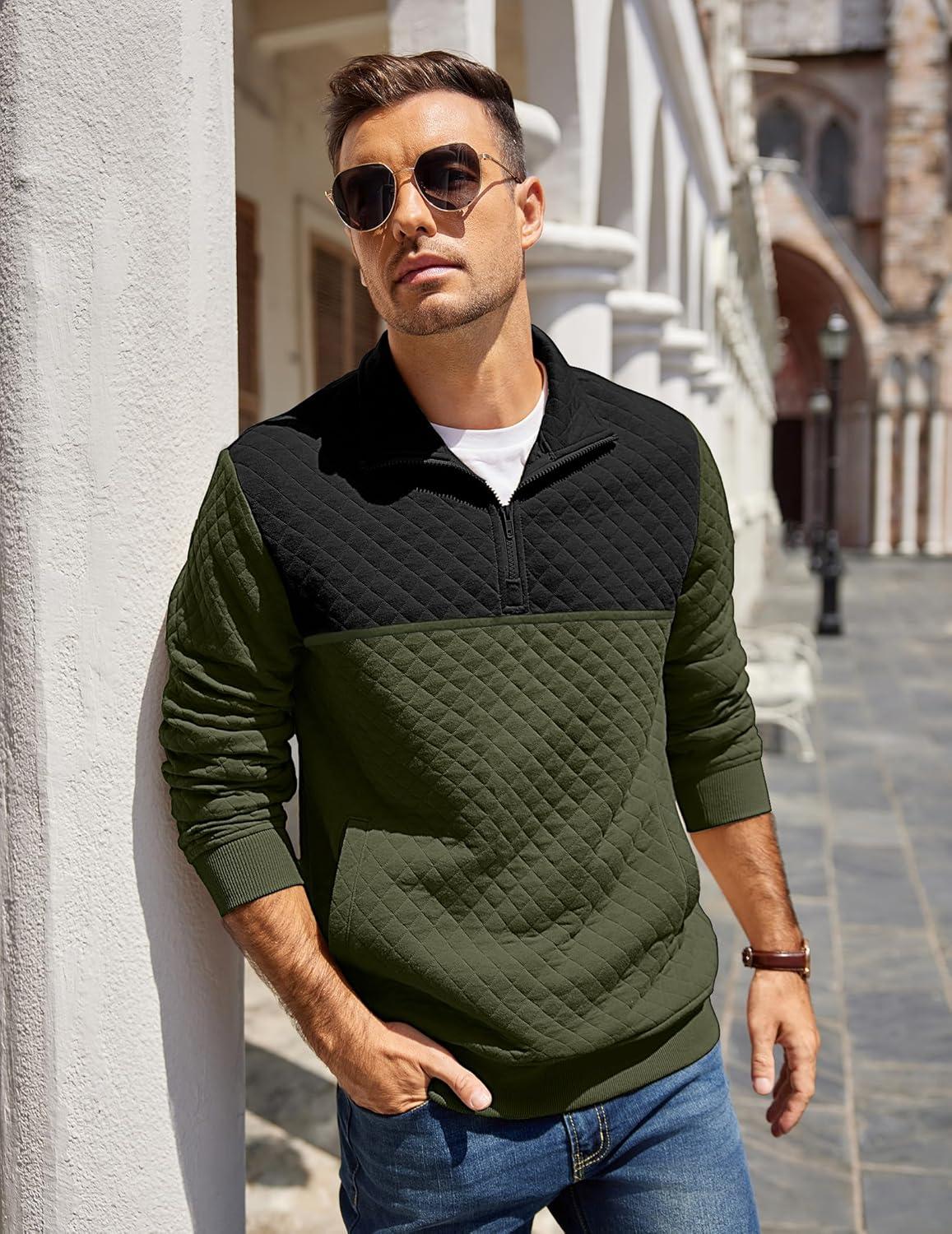 imageCOOFANDY Mens Quarter Zip Pullover Quilted Sweatshirt Knit Long Sleeve Mock Neck Sweater Polo with PocketZcolor Block Army GreenBlack