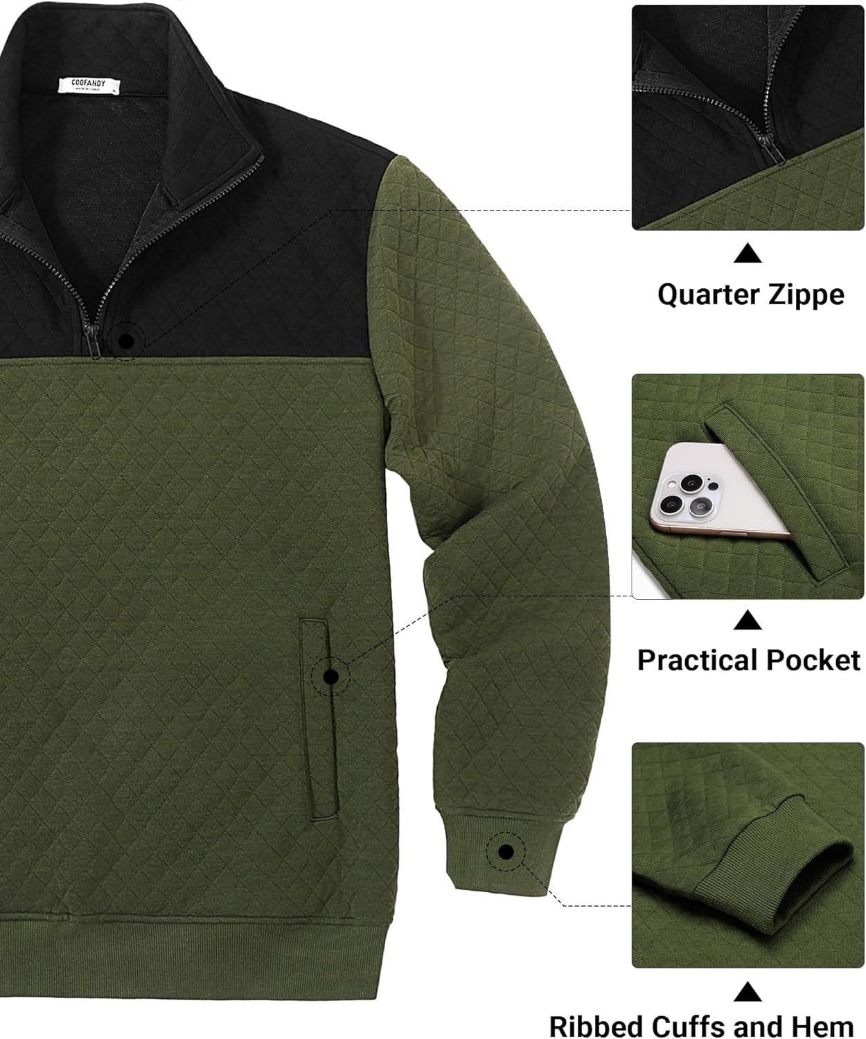 imageCOOFANDY Mens Quarter Zip Pullover Quilted Sweatshirt Knit Long Sleeve Mock Neck Sweater Polo with PocketZcolor Block Army GreenBlack