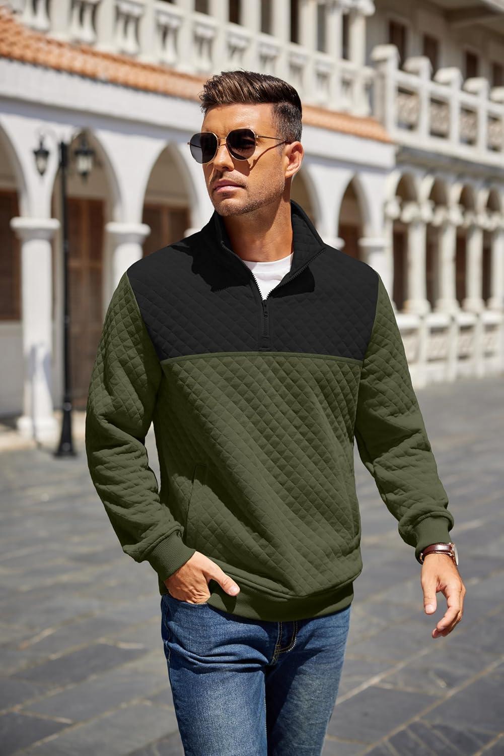 imageCOOFANDY Mens Quarter Zip Pullover Quilted Sweatshirt Knit Long Sleeve Mock Neck Sweater Polo with PocketZcolor Block Army GreenBlack