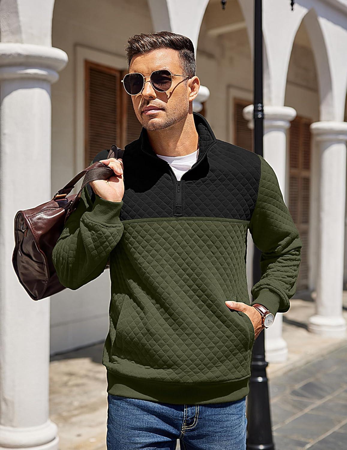 imageCOOFANDY Mens Quarter Zip Pullover Quilted Sweatshirt Knit Long Sleeve Mock Neck Sweater Polo with PocketZcolor Block Army GreenBlack
