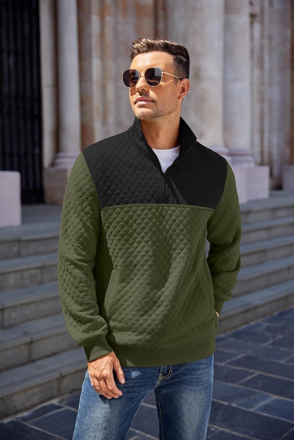 imageCOOFANDY Mens Quarter Zip Pullover Quilted Sweatshirt Knit Long Sleeve Mock Neck Sweater Polo with PocketZcolor Block Army GreenBlack