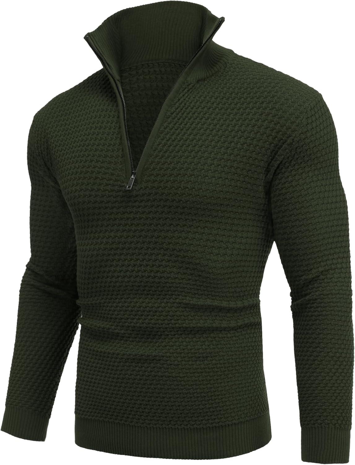 imageCOOFANDY Mens Quarter Zip Pullover Sweater Slim Fit Waffle Mock Turtleneck SweatersArmy Green
