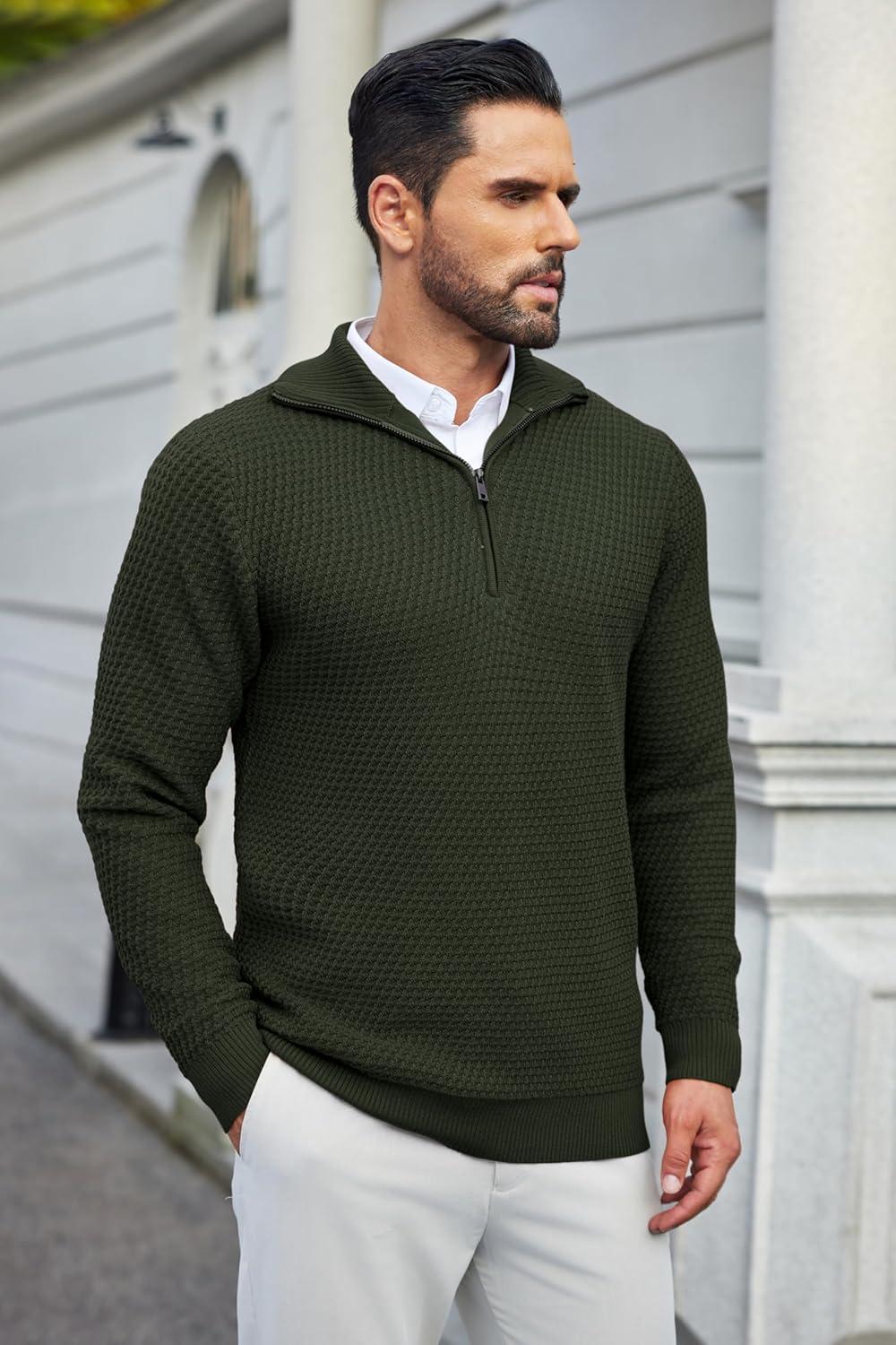 imageCOOFANDY Mens Quarter Zip Pullover Sweater Slim Fit Waffle Mock Turtleneck SweatersArmy Green