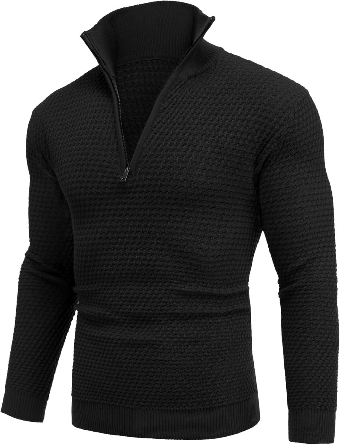 imageCOOFANDY Mens Quarter Zip Pullover Sweater Slim Fit Waffle Mock Turtleneck SweatersBlack