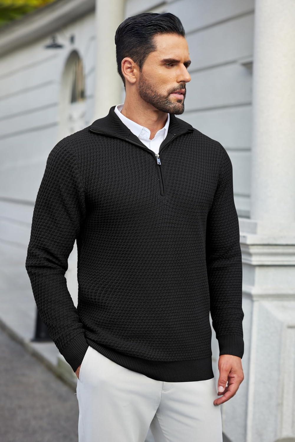 imageCOOFANDY Mens Quarter Zip Pullover Sweater Slim Fit Waffle Mock Turtleneck SweatersBlack