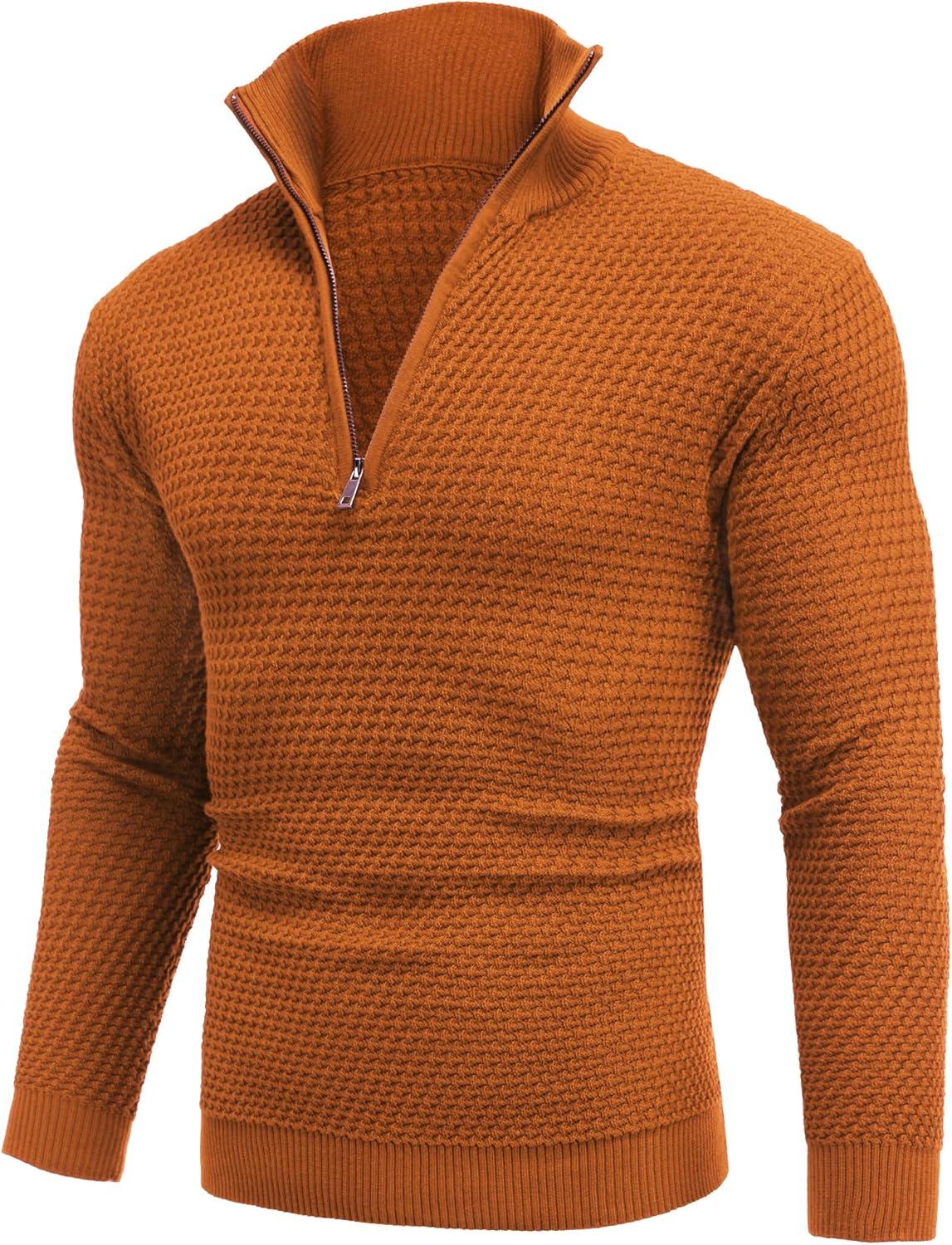imageCOOFANDY Mens Quarter Zip Pullover Sweater Slim Fit Waffle Mock Turtleneck SweatersBrown