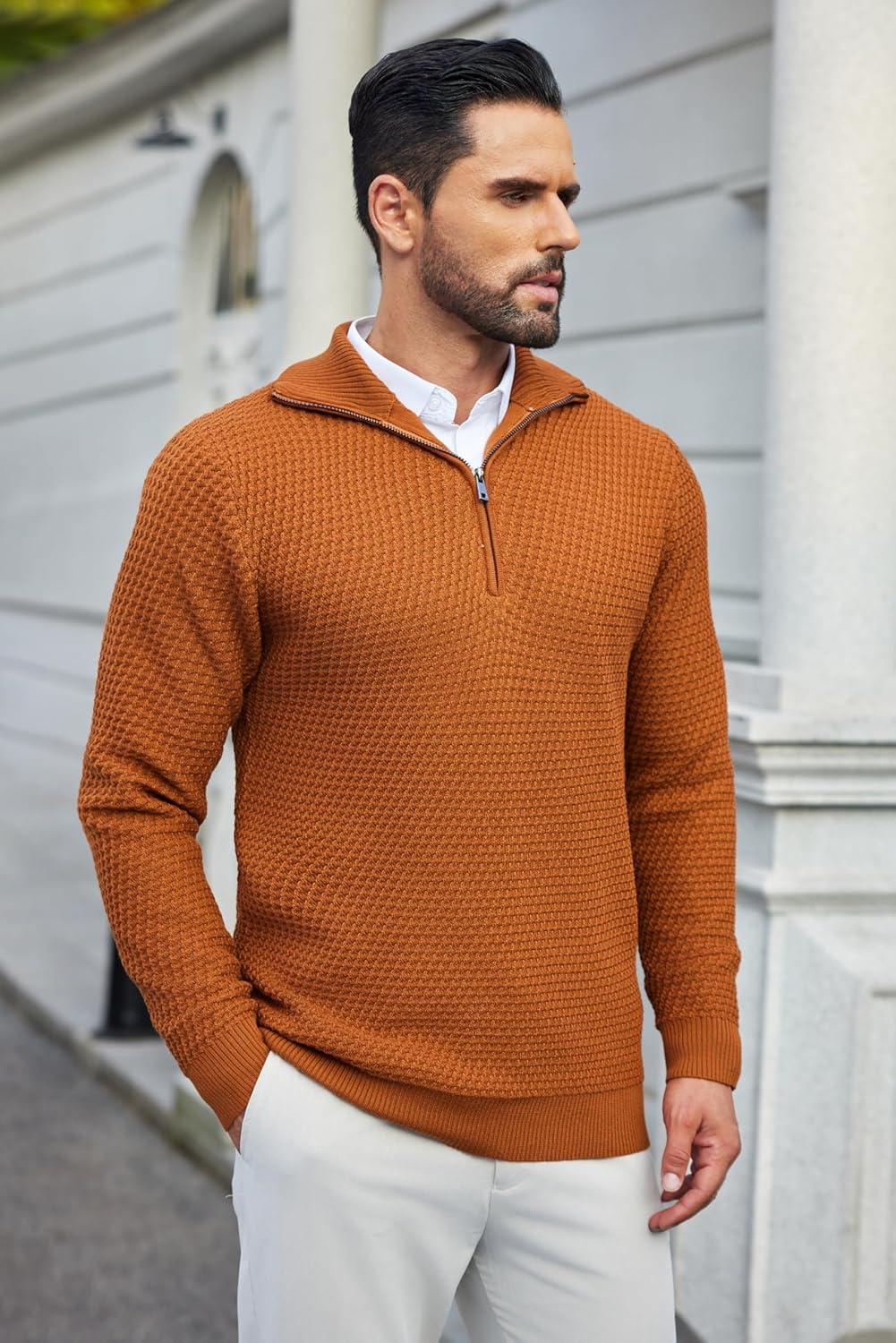 imageCOOFANDY Mens Quarter Zip Pullover Sweater Slim Fit Waffle Mock Turtleneck SweatersBrown