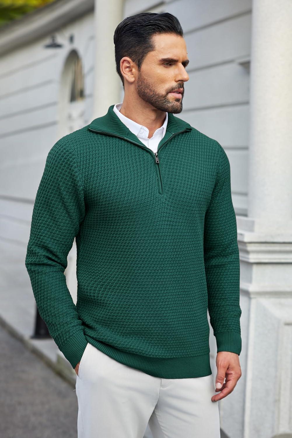 imageCOOFANDY Mens Quarter Zip Pullover Sweater Slim Fit Waffle Mock Turtleneck SweatersDark Green