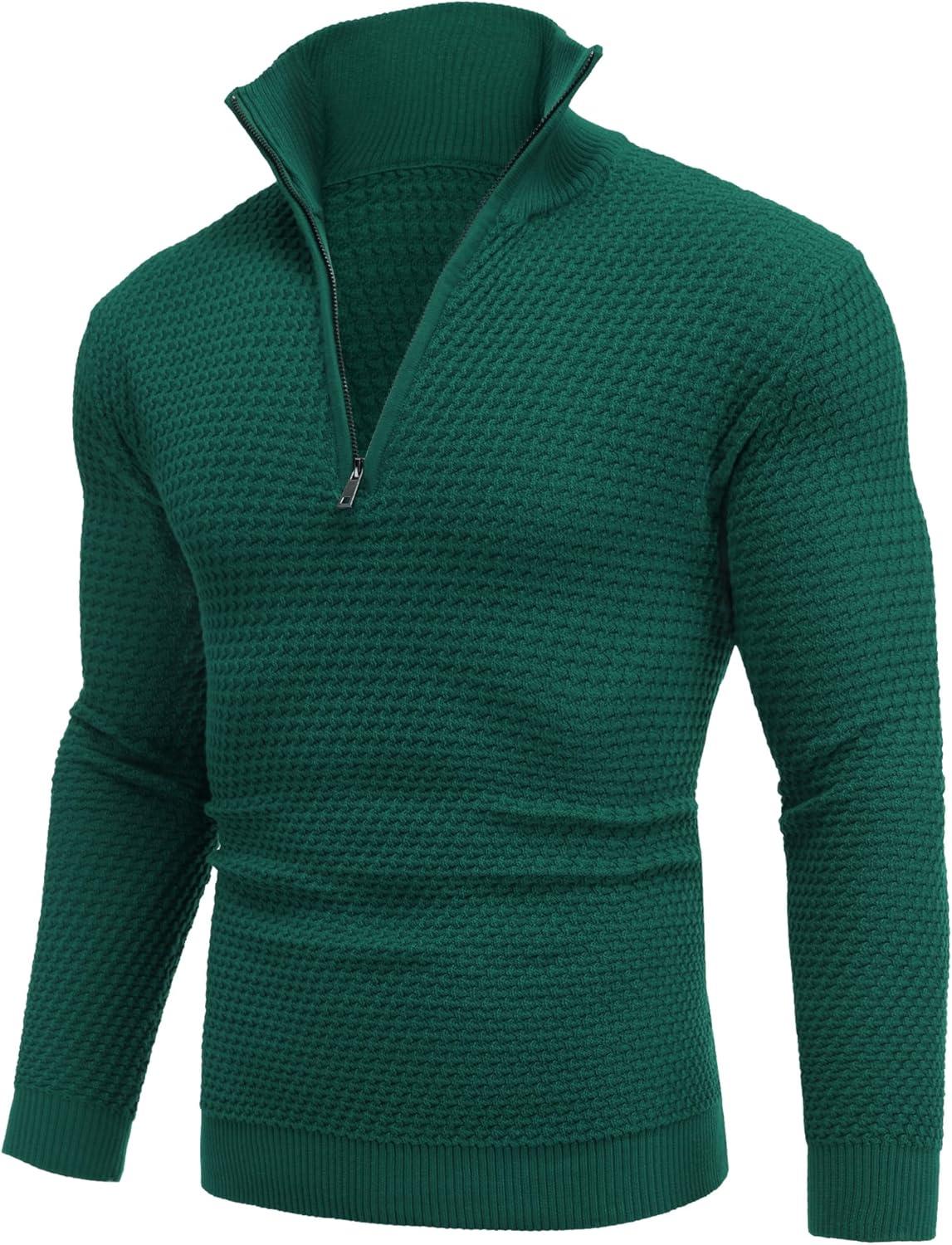 imageCOOFANDY Mens Quarter Zip Pullover Sweater Slim Fit Waffle Mock Turtleneck SweatersDark Green