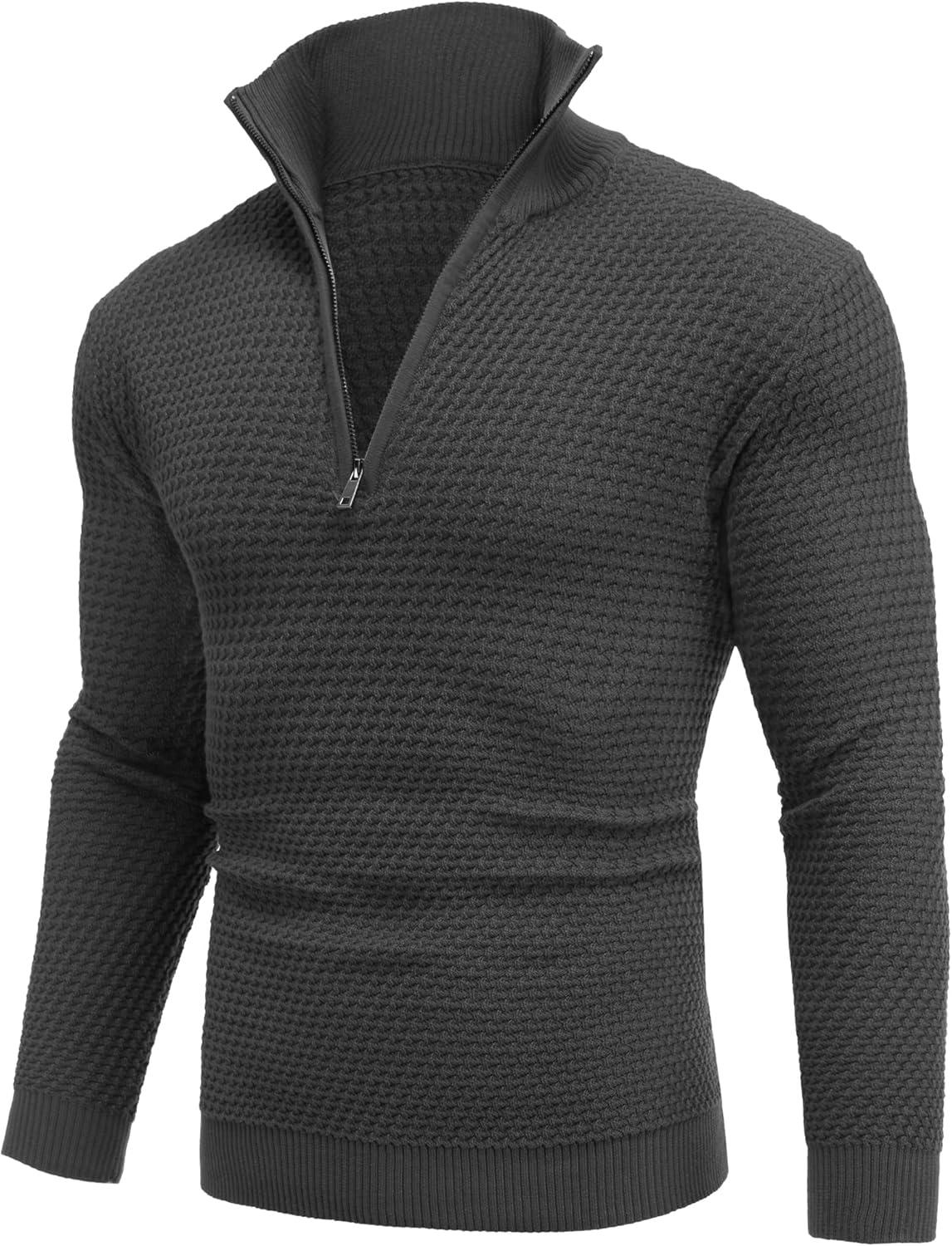 imageCOOFANDY Mens Quarter Zip Pullover Sweater Slim Fit Waffle Mock Turtleneck SweatersDark Grey
