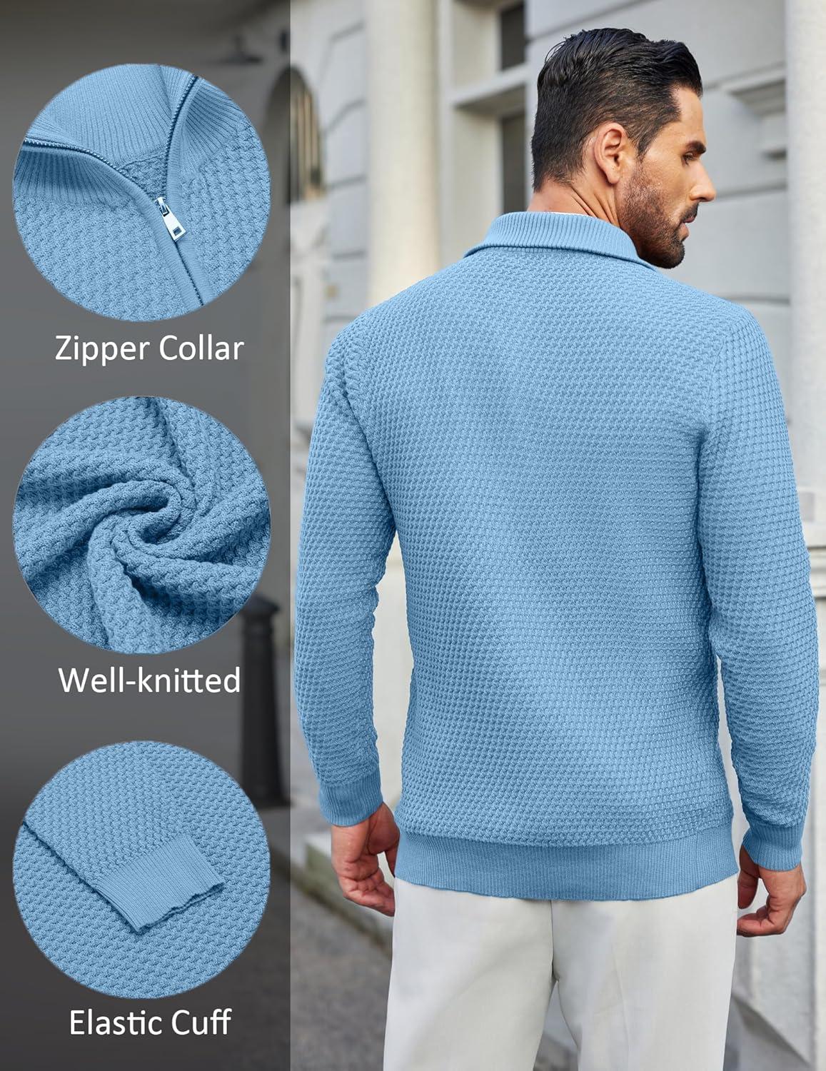 imageCOOFANDY Mens Quarter Zip Pullover Sweater Slim Fit Waffle Mock Turtleneck SweatersLight Blue