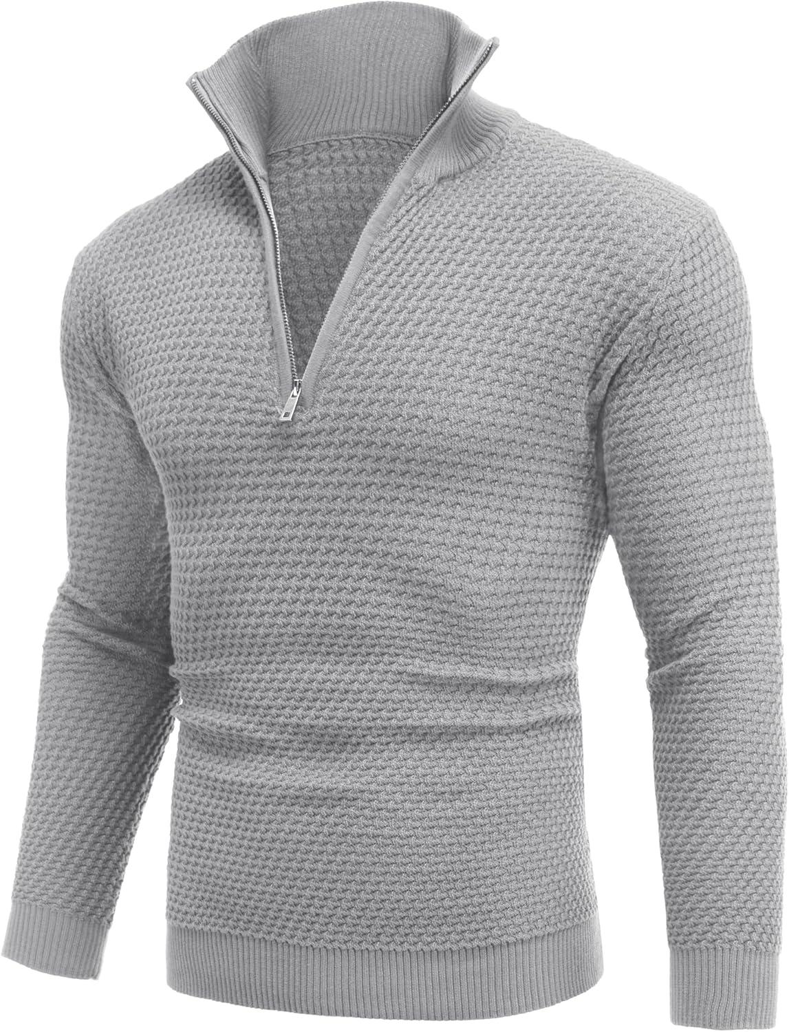 imageCOOFANDY Mens Quarter Zip Pullover Sweater Slim Fit Waffle Mock Turtleneck SweatersLight Grey