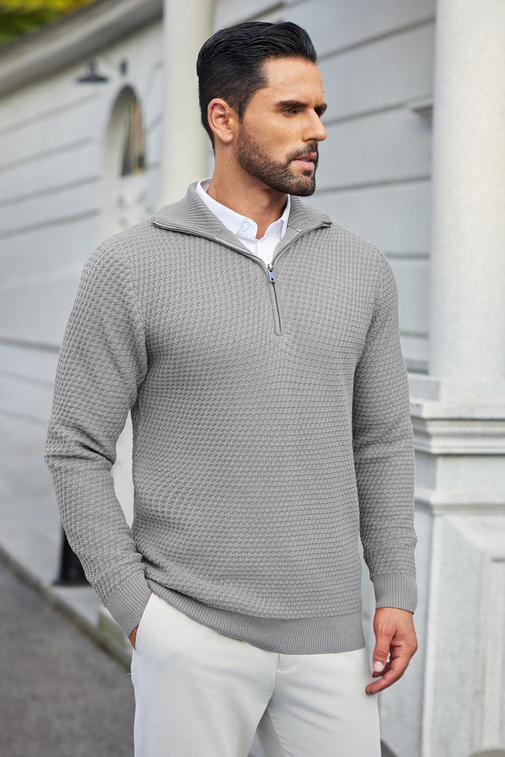 imageCOOFANDY Mens Quarter Zip Pullover Sweater Slim Fit Waffle Mock Turtleneck SweatersLight Grey