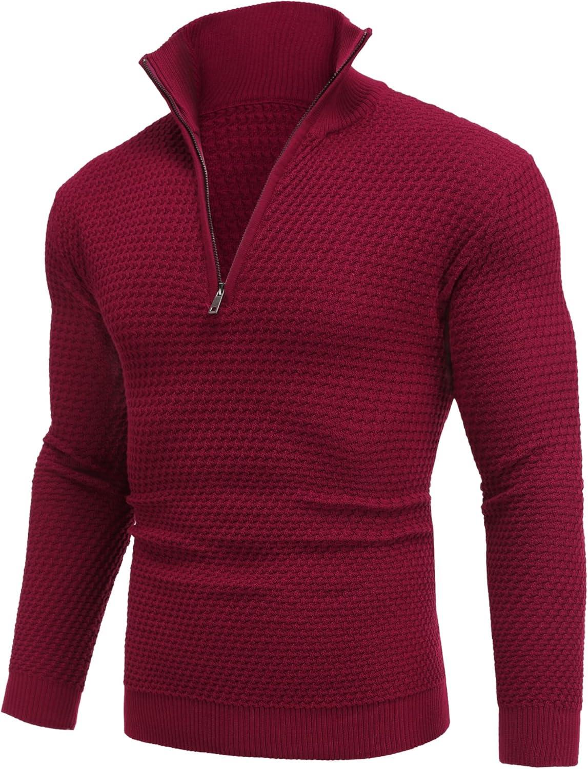 imageCOOFANDY Mens Quarter Zip Pullover Sweater Slim Fit Waffle Mock Turtleneck SweatersWine Red