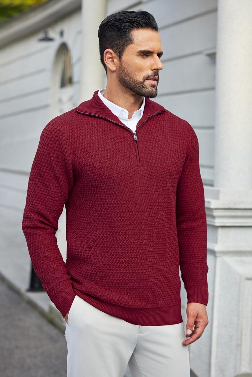 imageCOOFANDY Mens Quarter Zip Pullover Sweater Slim Fit Waffle Mock Turtleneck SweatersWine Red