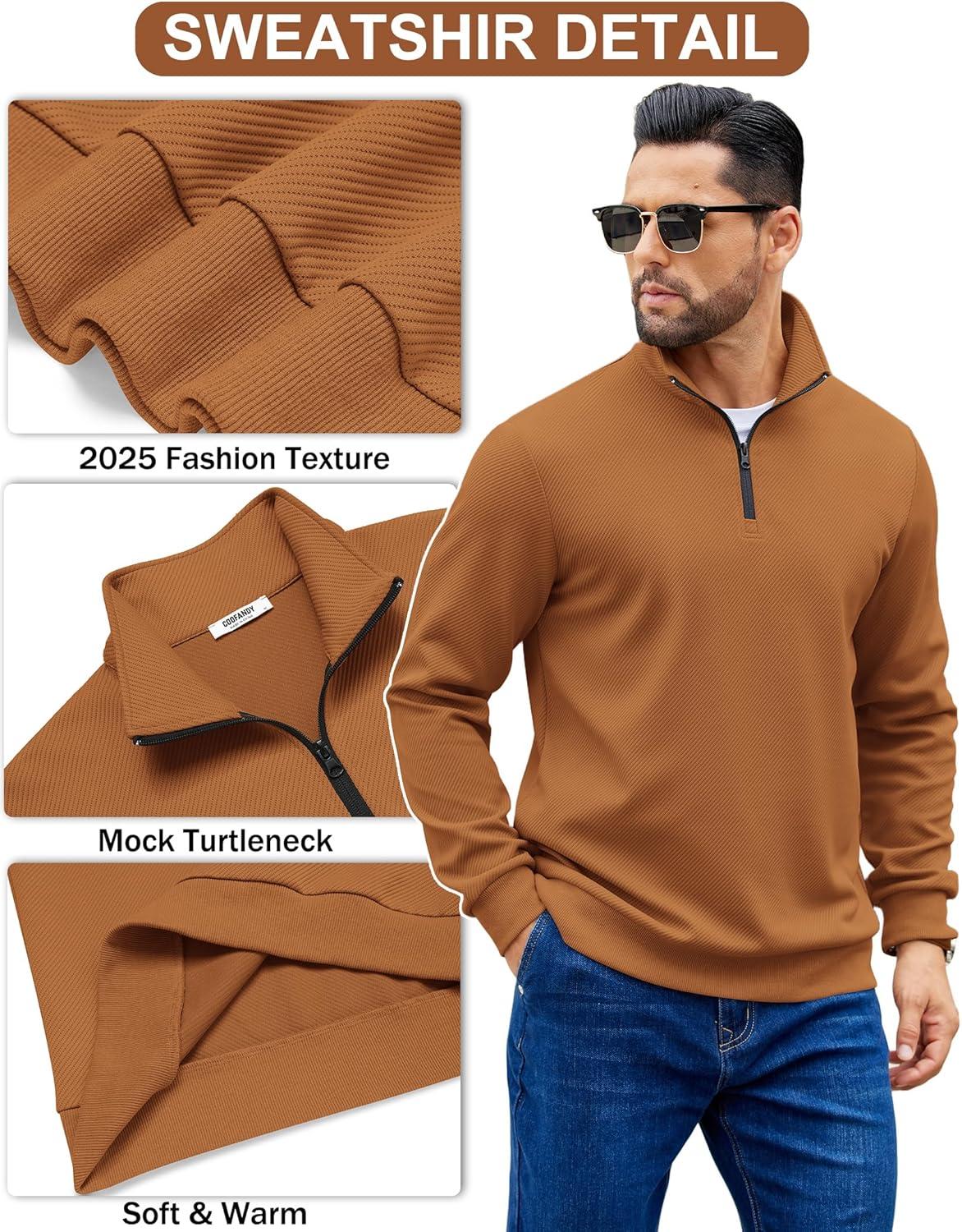 imageCOOFANDY Mens Quarter Zip Pullover Sweatshirts Lightweight Long Sleeve Mock Neck Sweater PoloLight Brown