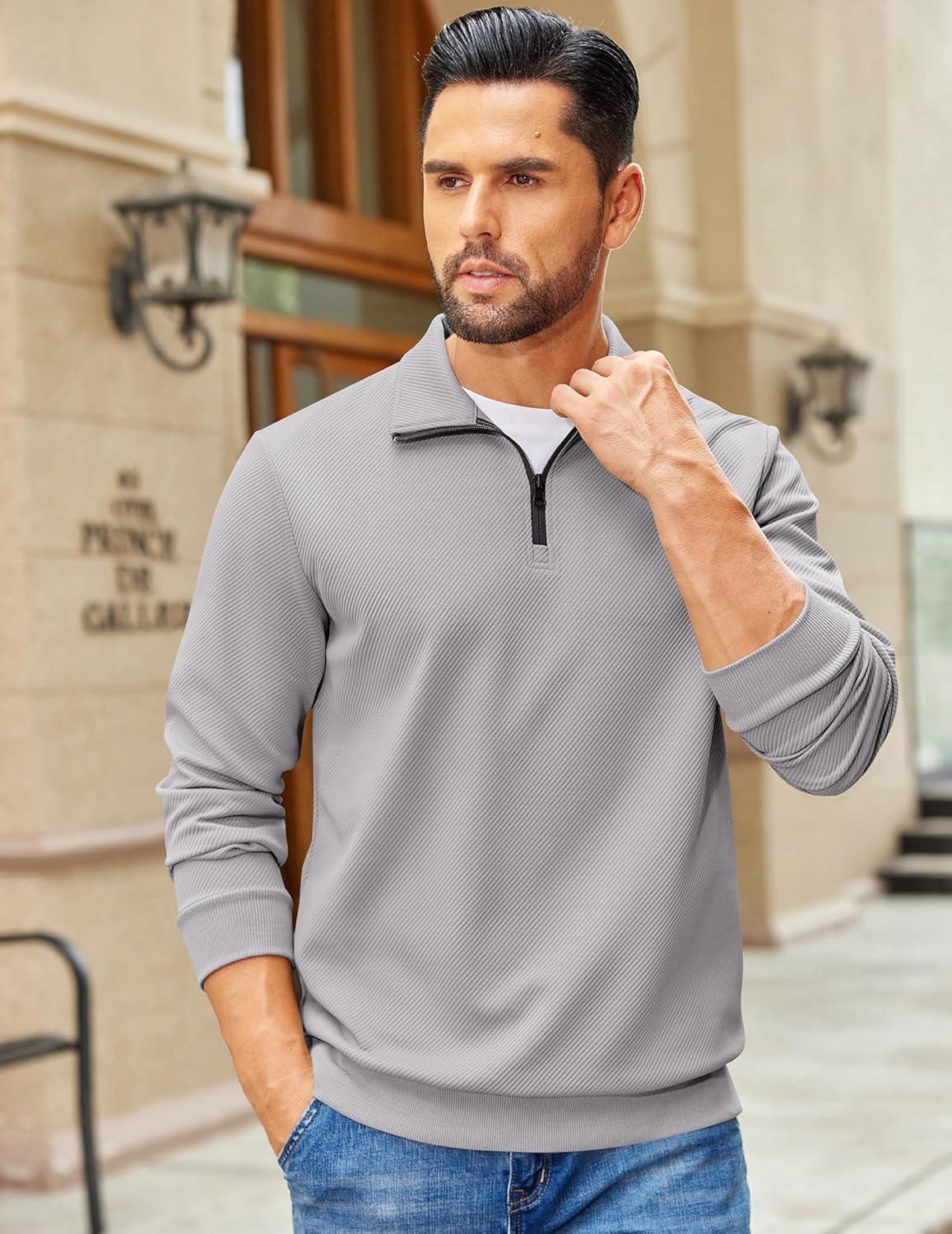 imageCOOFANDY Mens Quarter Zip Pullover Sweatshirts Lightweight Long Sleeve Mock Neck Sweater PoloLight Grey
