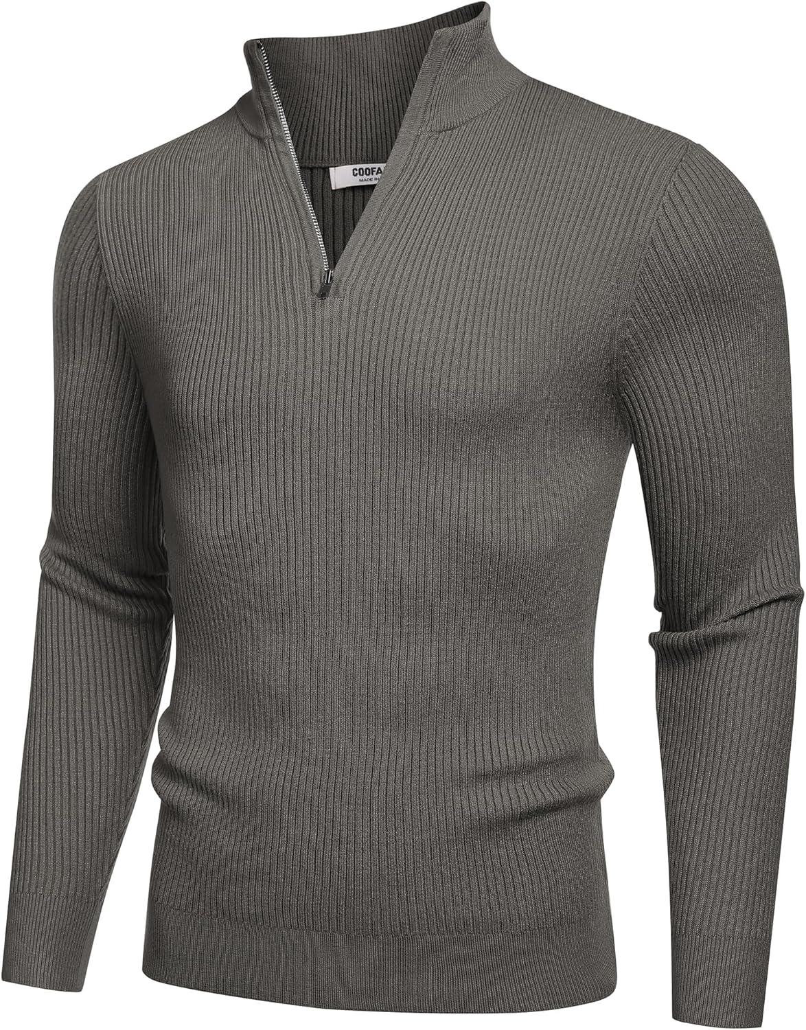 imageCOOFANDY Mens Quarter Zip Sweaters Slim Fit Mock Neck Pullover Sweater Lightweight Knitted Polo SweatersDark Grey