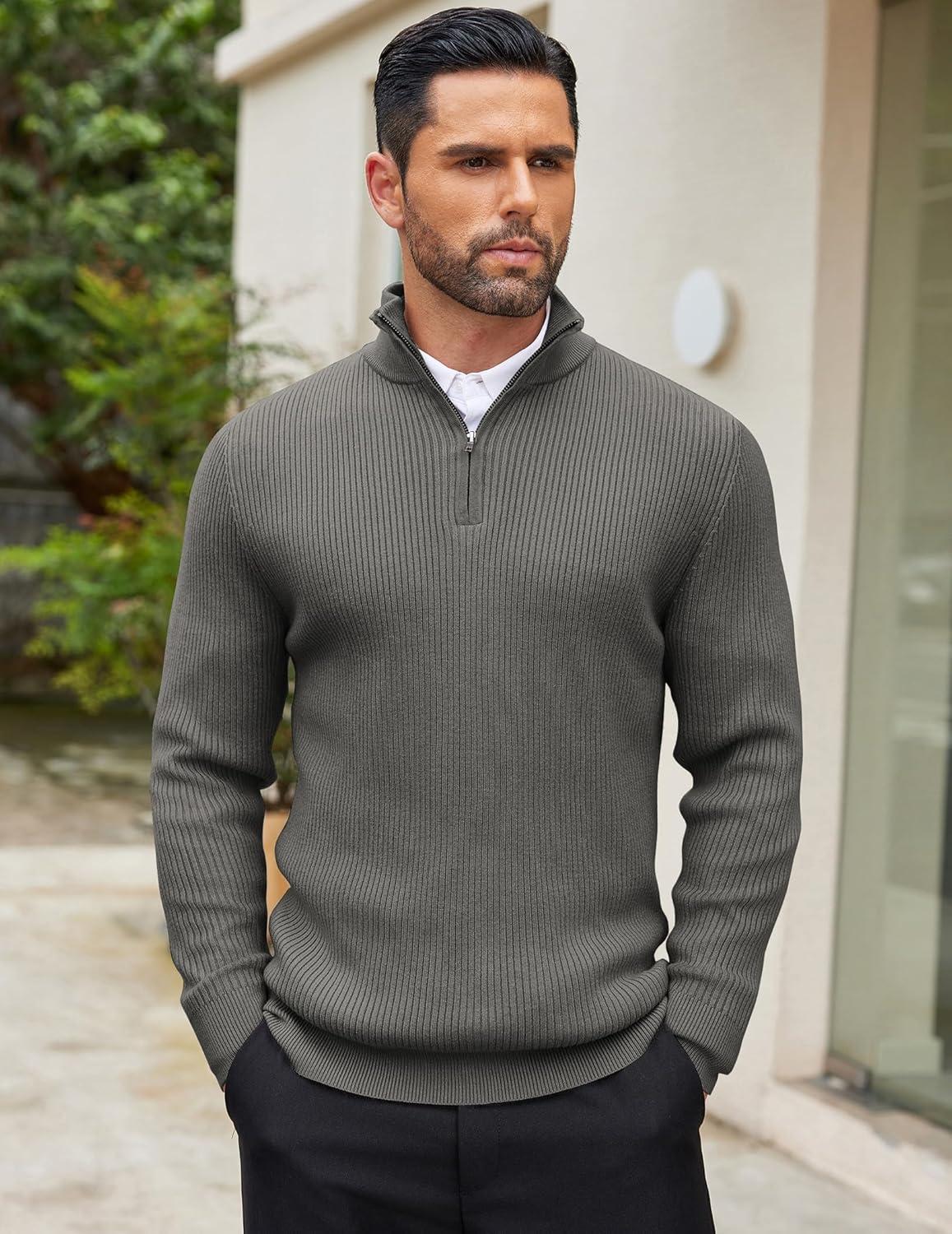 imageCOOFANDY Mens Quarter Zip Sweaters Slim Fit Mock Neck Pullover Sweater Lightweight Knitted Polo SweatersDark Grey