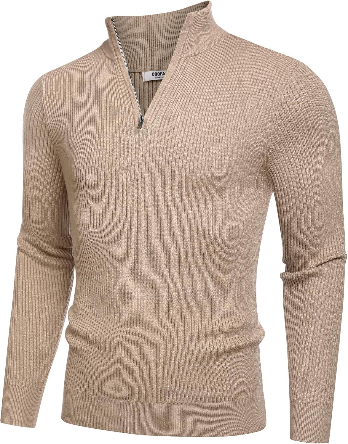 imageCOOFANDY Mens Quarter Zip Sweaters Slim Fit Mock Neck Pullover Sweater Lightweight Knitted Polo SweatersKhaki