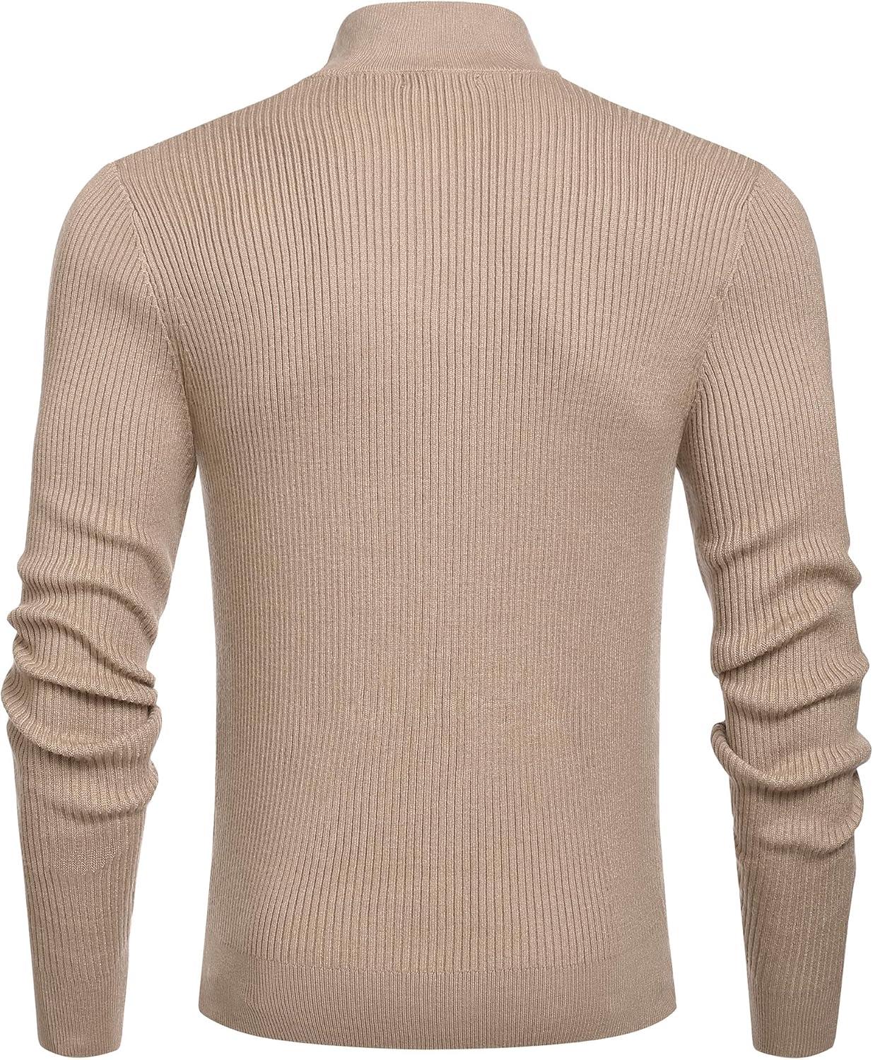 imageCOOFANDY Mens Quarter Zip Sweaters Slim Fit Mock Neck Pullover Sweater Lightweight Knitted Polo SweatersKhaki