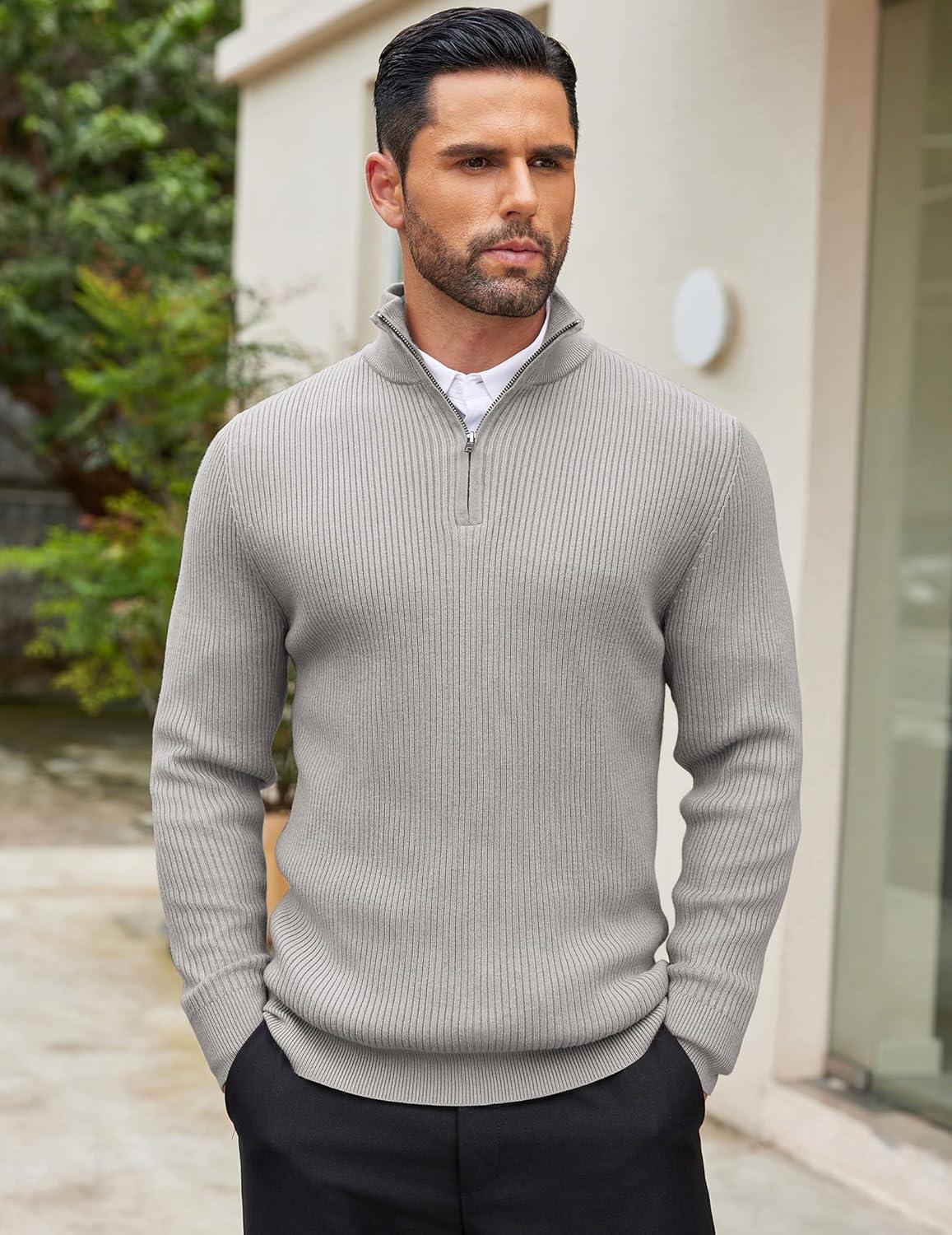 imageCOOFANDY Mens Quarter Zip Sweaters Slim Fit Mock Neck Pullover Sweater Lightweight Knitted Polo SweatersLight Grey