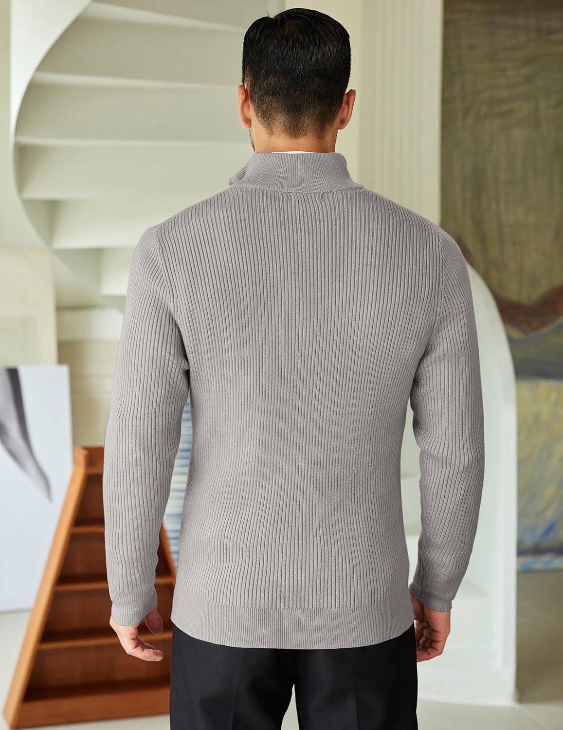 imageCOOFANDY Mens Quarter Zip Sweaters Slim Fit Mock Neck Pullover Sweater Lightweight Knitted Polo SweatersLight Grey