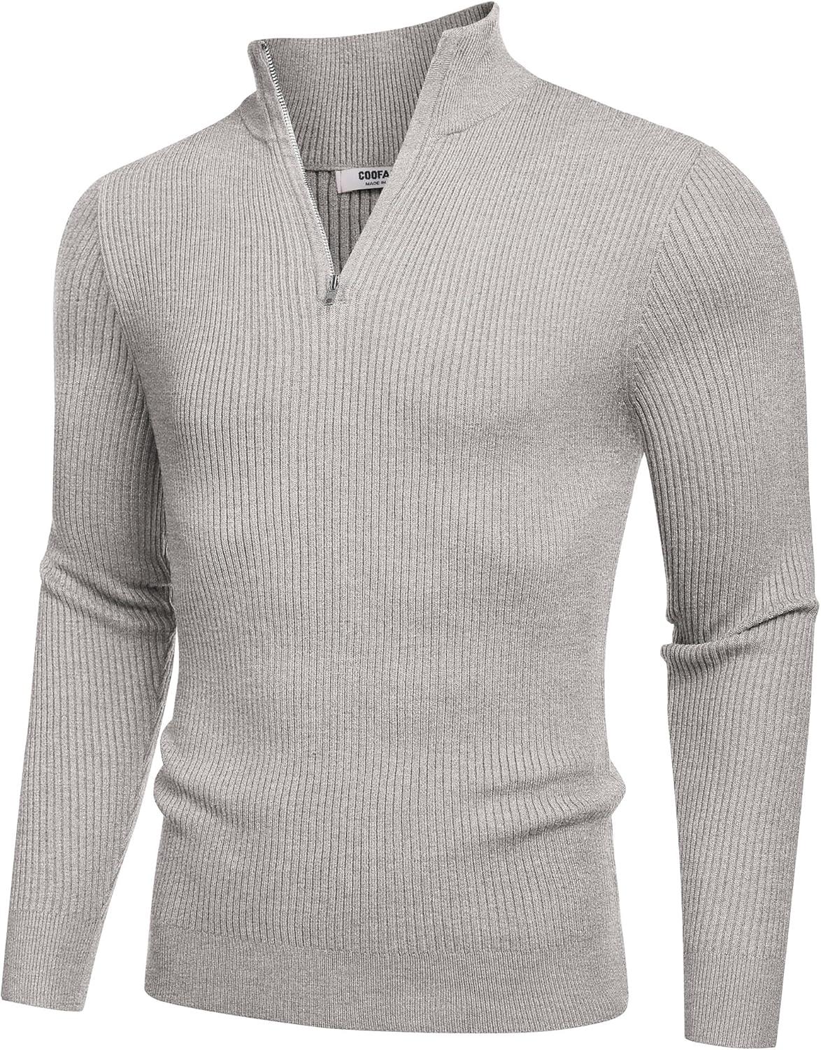 imageCOOFANDY Mens Quarter Zip Sweaters Slim Fit Mock Neck Pullover Sweater Lightweight Knitted Polo SweatersLight Grey