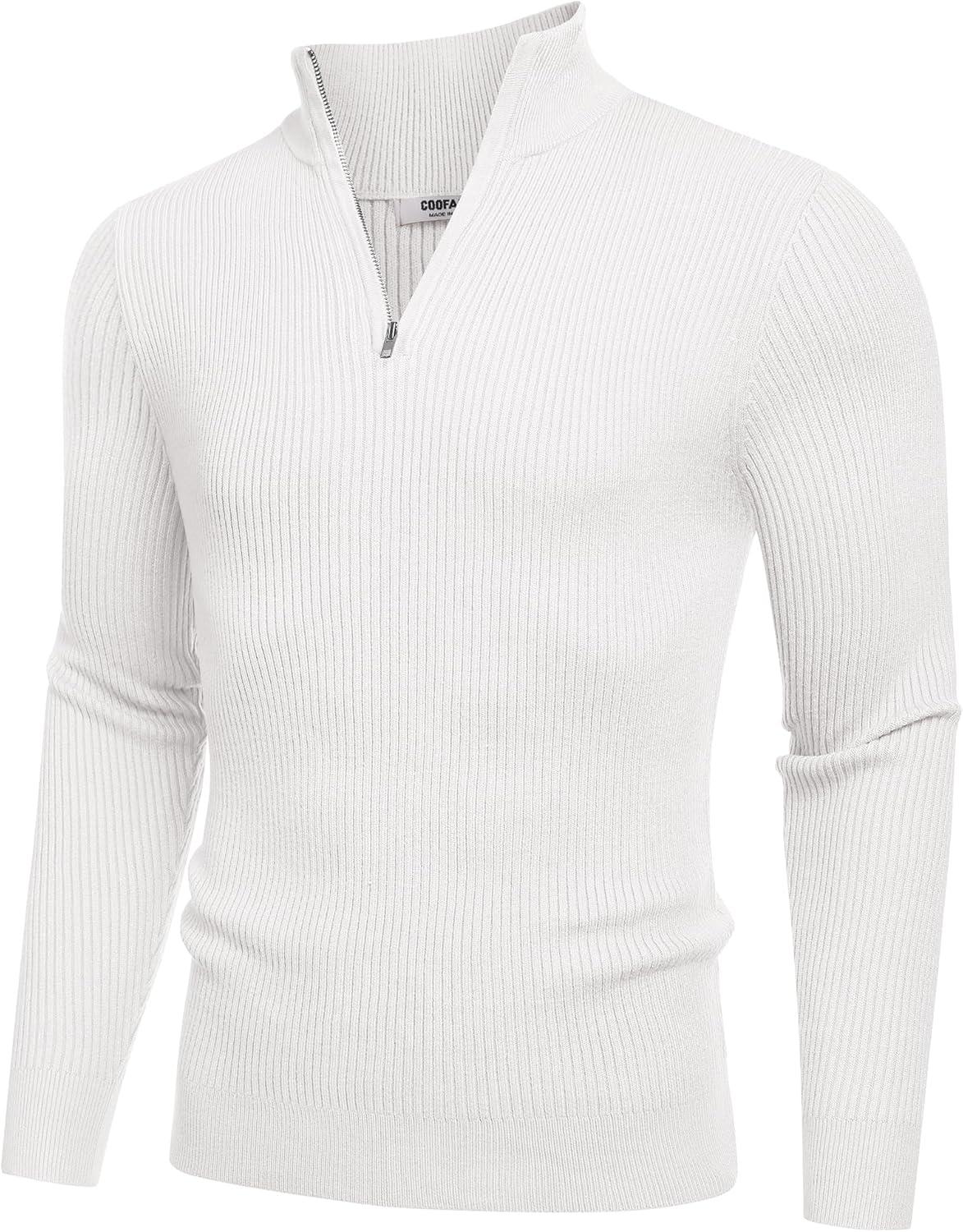 imageCOOFANDY Mens Quarter Zip Sweaters Slim Fit Mock Neck Pullover Sweater Lightweight Knitted Polo SweatersWhite