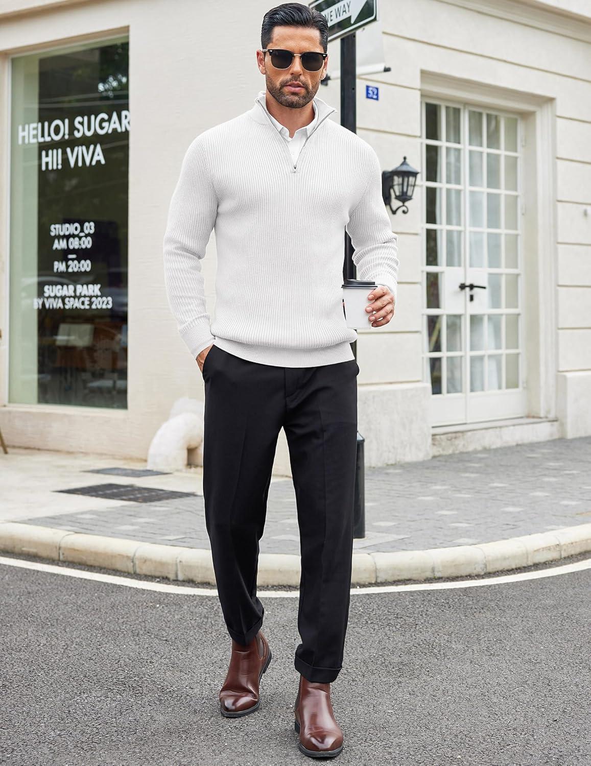 imageCOOFANDY Mens Quarter Zip Sweaters Slim Fit Mock Neck Pullover Sweater Lightweight Knitted Polo SweatersWhite