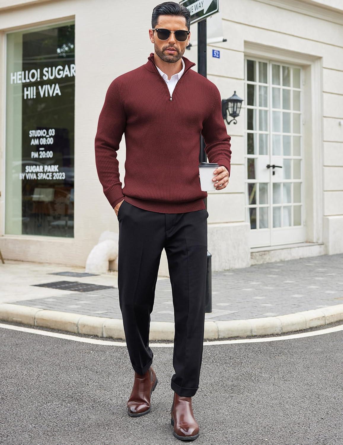 imageCOOFANDY Mens Quarter Zip Sweaters Slim Fit Mock Neck Pullover Sweater Lightweight Knitted Polo SweatersWine Red