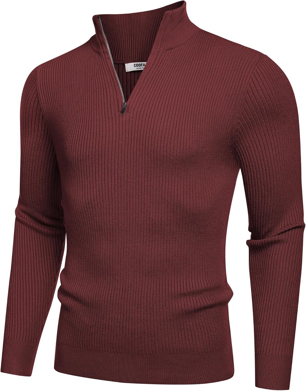 imageCOOFANDY Mens Quarter Zip Sweaters Slim Fit Mock Neck Pullover Sweater Lightweight Knitted Polo SweatersWine Red