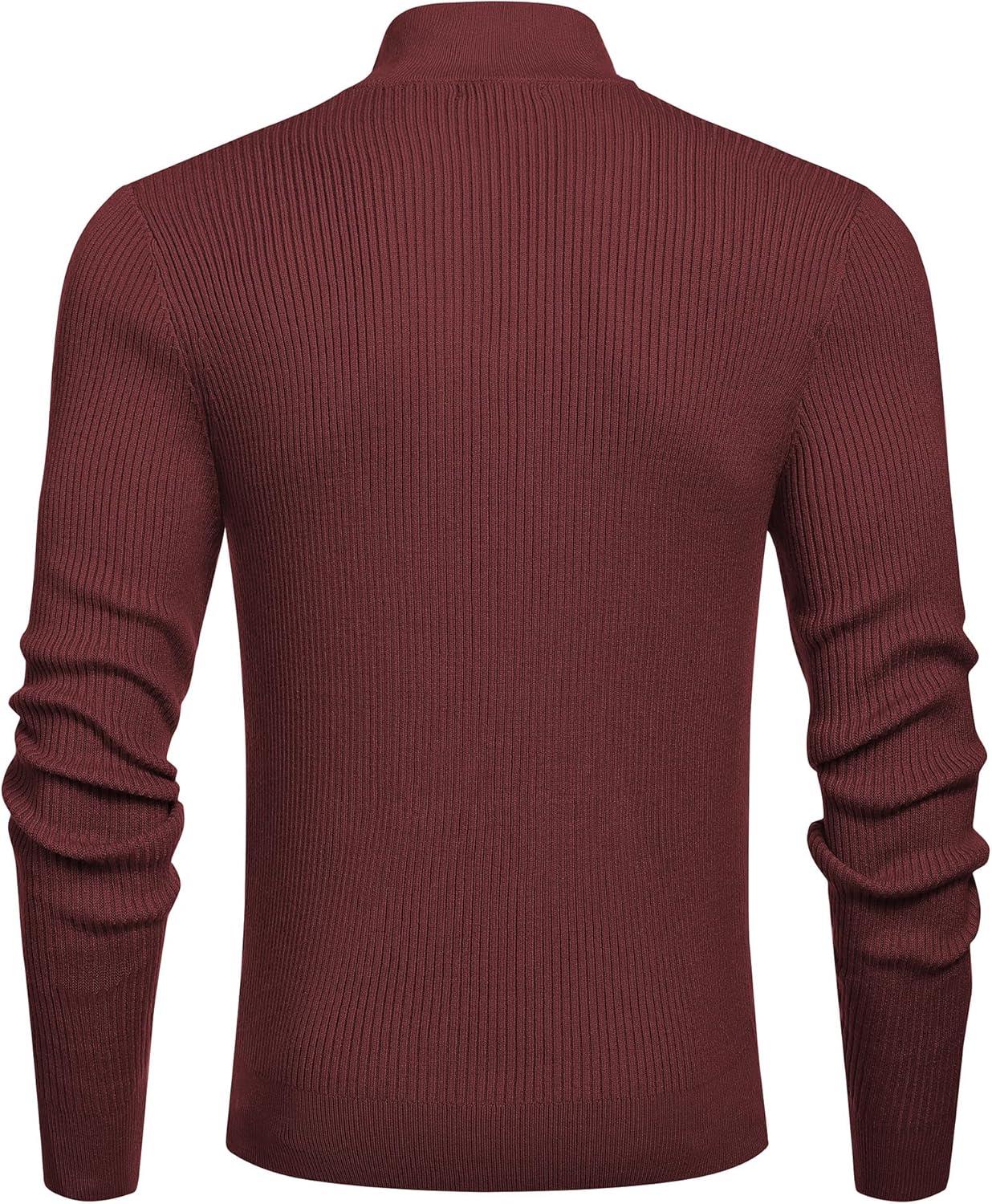 imageCOOFANDY Mens Quarter Zip Sweaters Slim Fit Mock Neck Pullover Sweater Lightweight Knitted Polo SweatersWine Red