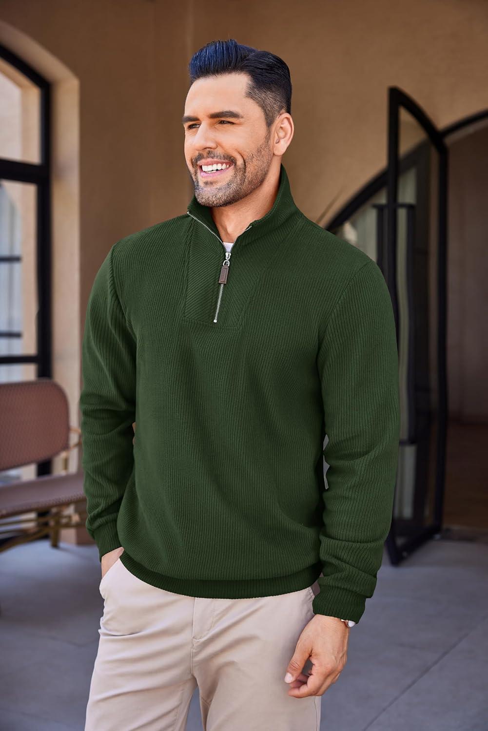 imageCOOFANDY Mens Quarter Zip Up Pullover Mock Neck Long Sleeve Sweater Casual Corduroy Polo SweatshirtArmy Green