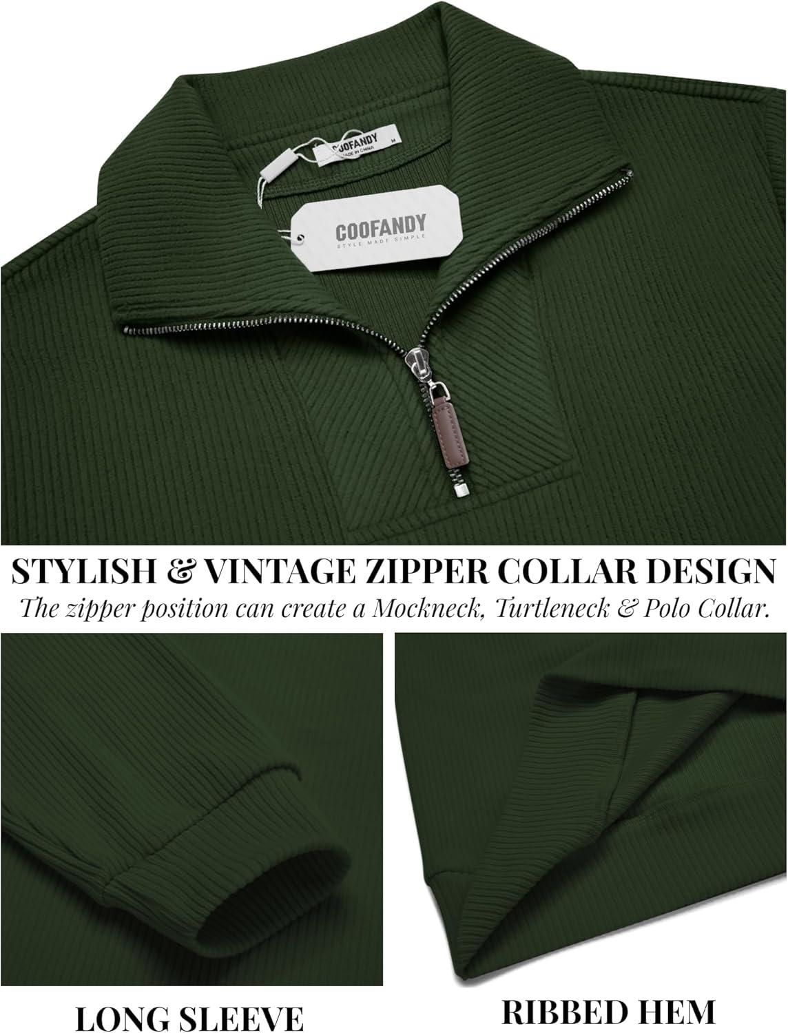 imageCOOFANDY Mens Quarter Zip Up Pullover Mock Neck Long Sleeve Sweater Casual Corduroy Polo SweatshirtArmy Green