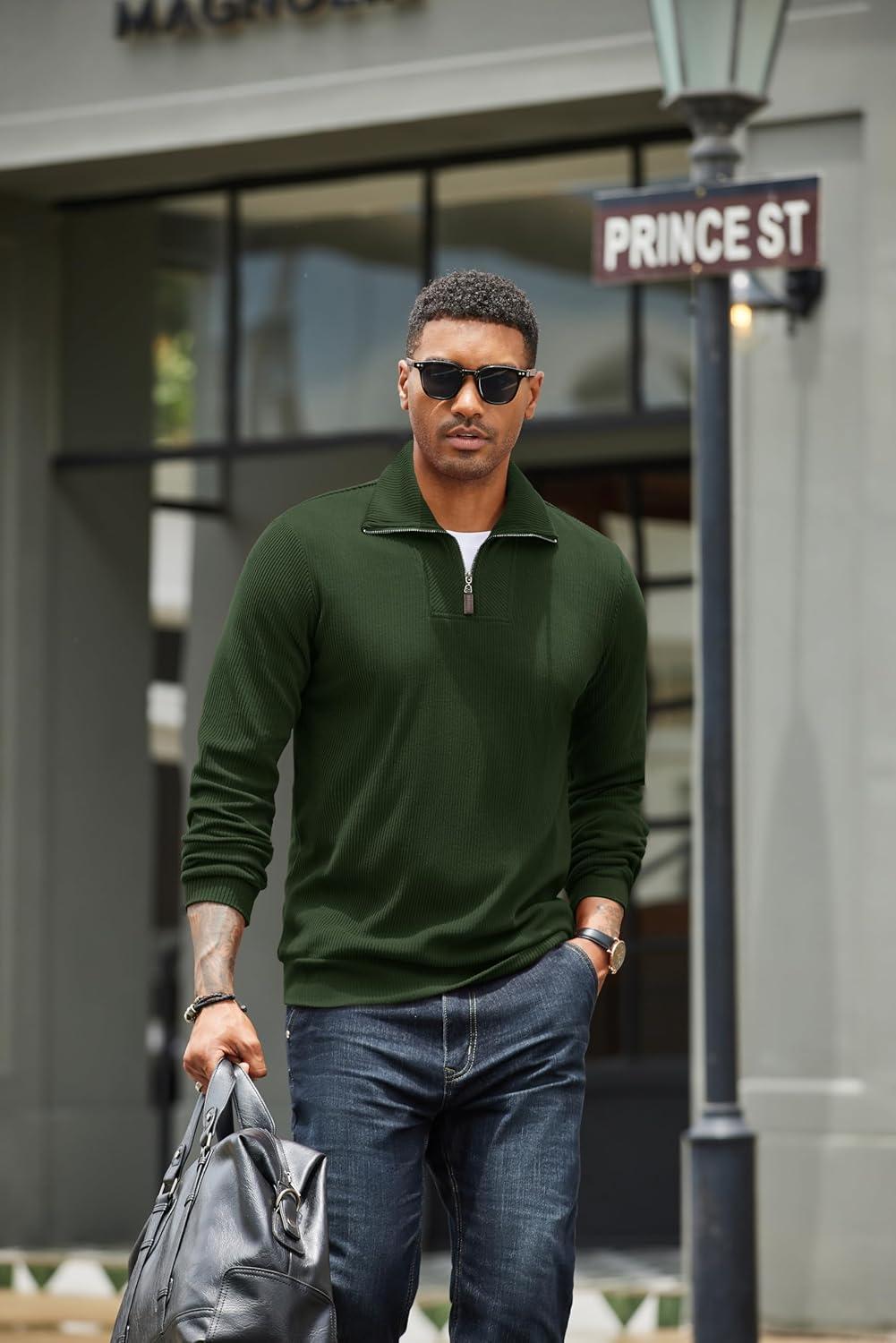 imageCOOFANDY Mens Quarter Zip Up Pullover Mock Neck Long Sleeve Sweater Casual Corduroy Polo SweatshirtArmy Green