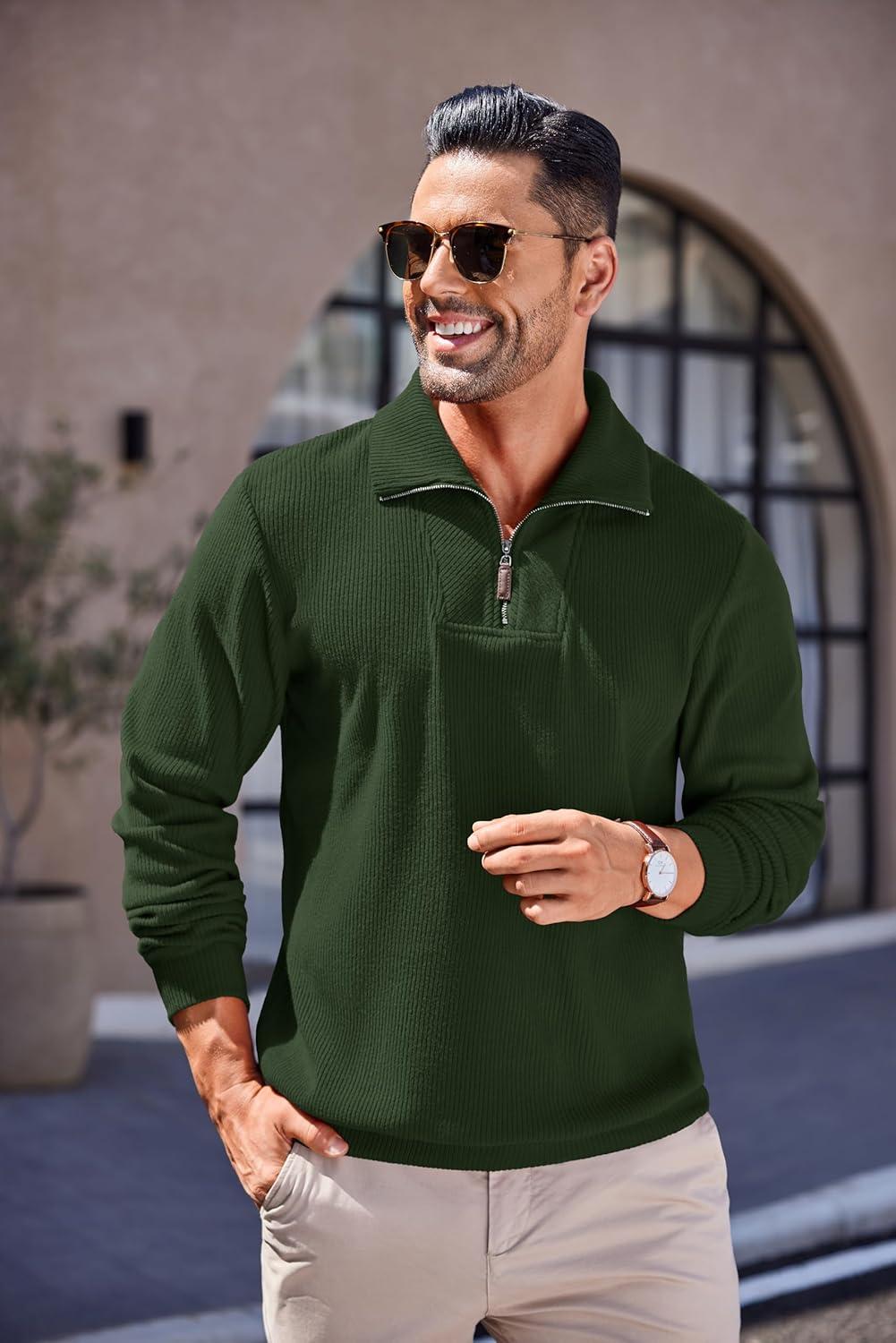 imageCOOFANDY Mens Quarter Zip Up Pullover Mock Neck Long Sleeve Sweater Casual Corduroy Polo SweatshirtArmy Green