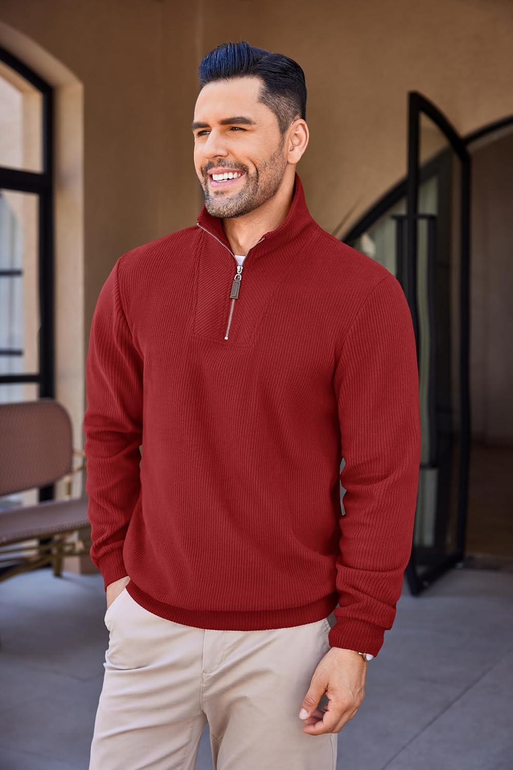 imageCOOFANDY Mens Quarter Zip Up Pullover Mock Neck Long Sleeve Sweater Casual Corduroy Polo SweatshirtWine Red