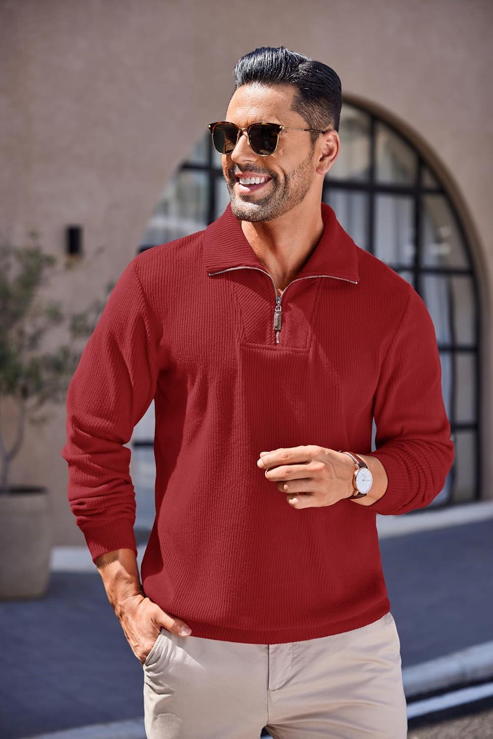 imageCOOFANDY Mens Quarter Zip Up Pullover Mock Neck Long Sleeve Sweater Casual Corduroy Polo SweatshirtWine Red