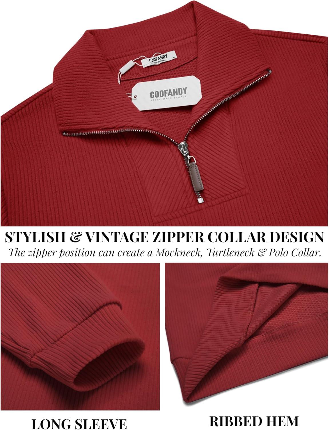 imageCOOFANDY Mens Quarter Zip Up Pullover Mock Neck Long Sleeve Sweater Casual Corduroy Polo SweatshirtWine Red