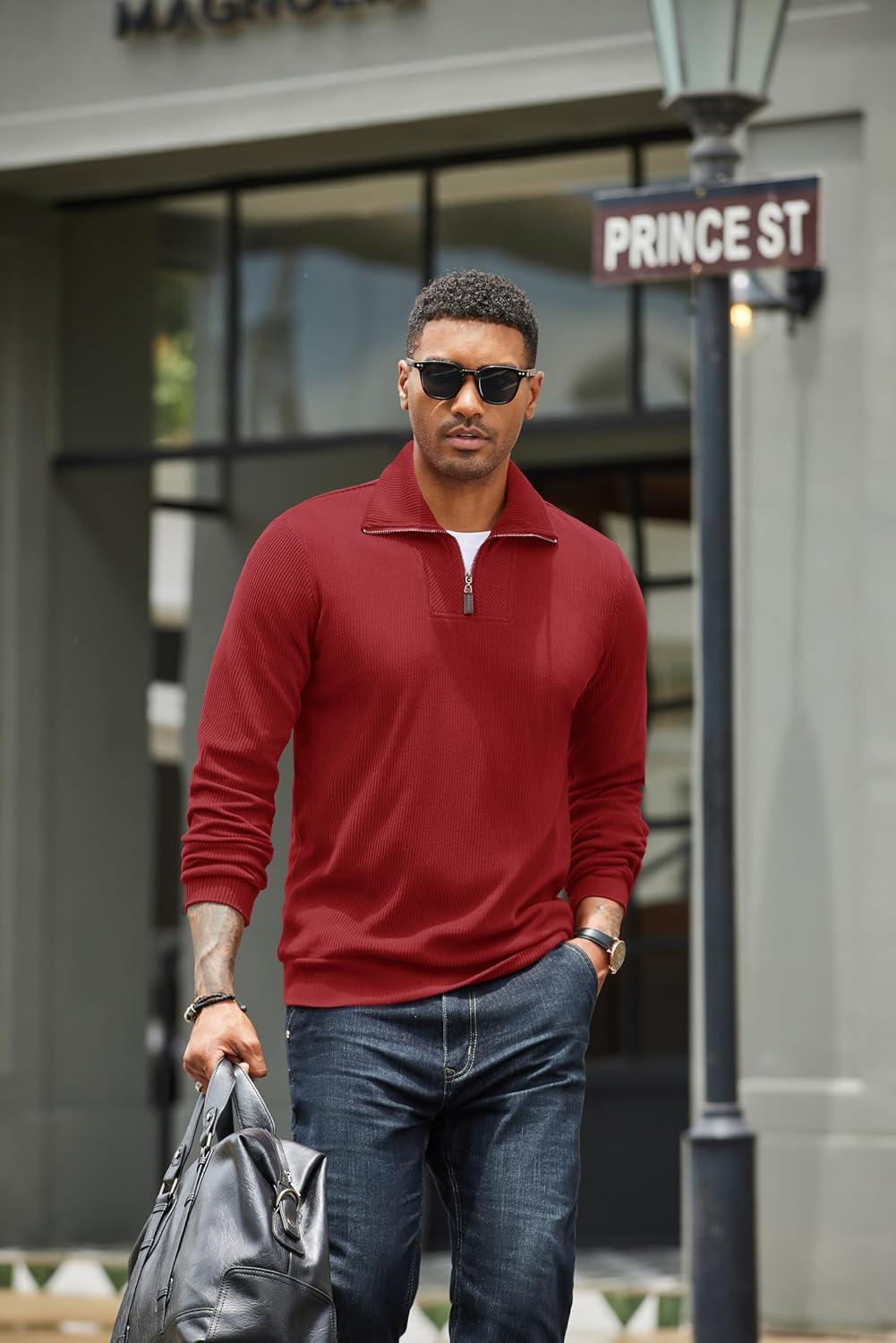 imageCOOFANDY Mens Quarter Zip Up Pullover Mock Neck Long Sleeve Sweater Casual Corduroy Polo SweatshirtWine Red