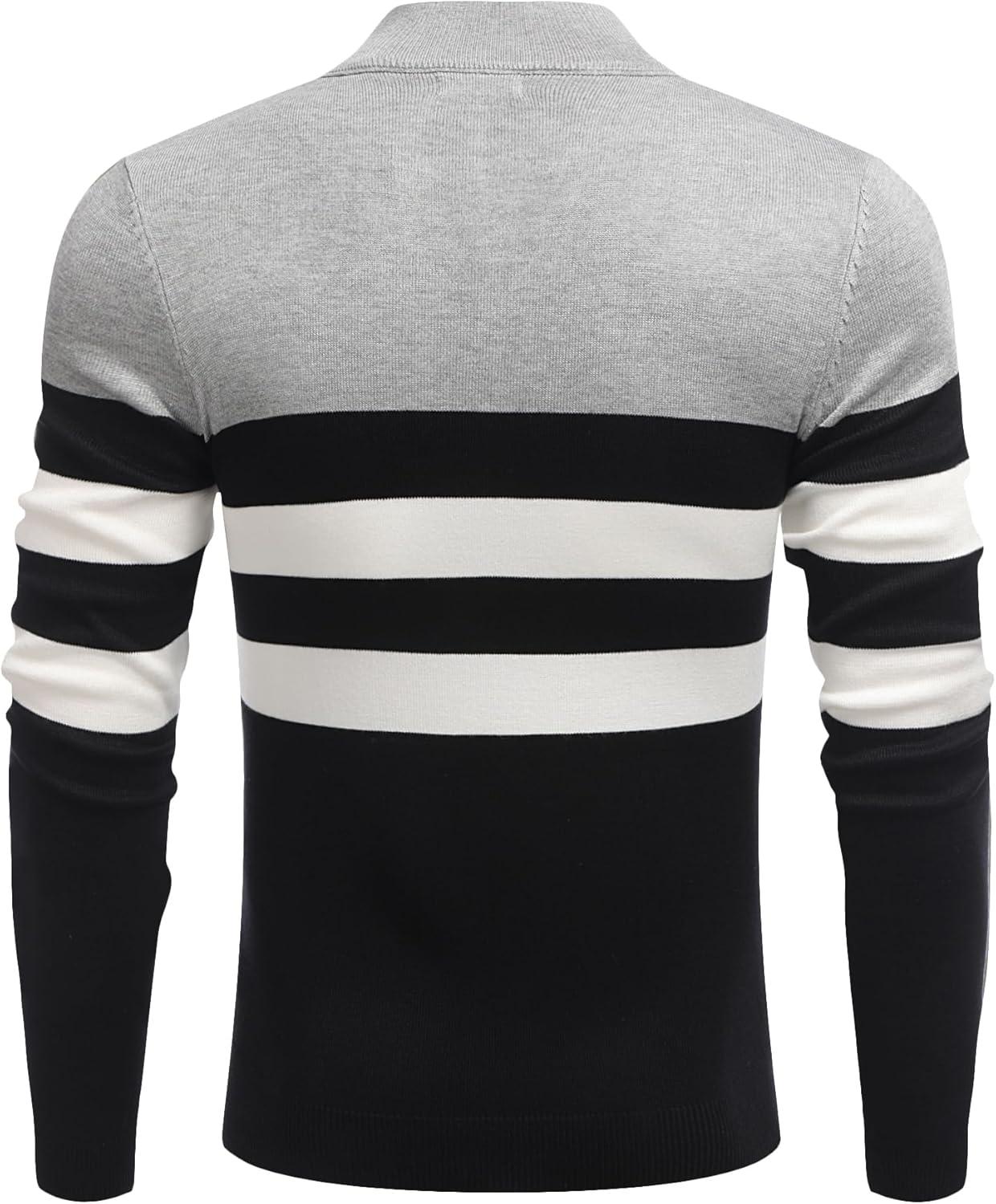 imageCOOFANDY Mens Quarter Zip Up Sweaters Slim Fit Lightweight Mock Neck Pullover Casual Polo SweatersBlack White Grey Stripe